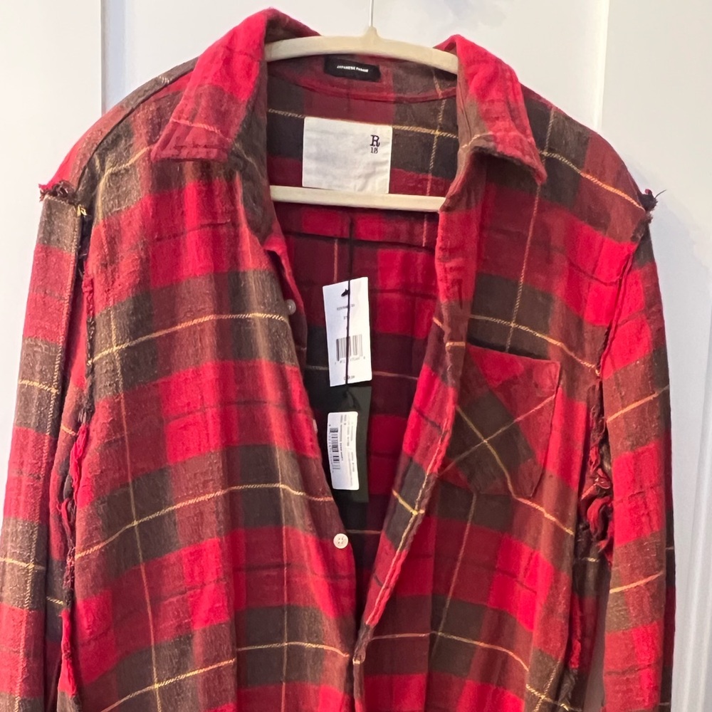 🖤R13 Red and Brown Plaid Frayed Button-Up Shirt🖤 - Picture 8 of 10